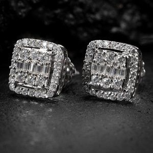 White Gold 925 Sterling Silver Square Baguette Iced Cz Hip Hop Stud Earrings